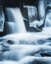 Vertical long exposure shot of a waterfall at an old industrial building.