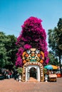 Vertical low-angle of a colorful altar in Xochimilco CDMX Mexico city