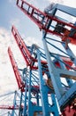 Vertical low-angle of a container crane at the port on the Elbe in Hamburg