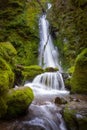 Vertical low-angle of Lower Soda Creek falls with long exposure effect grass around