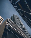 Vertical low angle modern skyscraper in Frankfurt, Germany