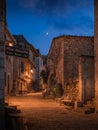 Vertical low-angle of night view of Saint-Cirq-Lapopie village with houses and road