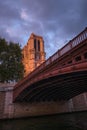 Vertical low angle of a the Pont au Double bridge with a view of the Notre-Dame cathedral in Paris Royalty Free Stock Photo