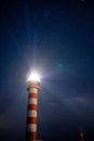 Vertical low angle shot of bright light on the top of lighthouse against blue starry night sky Royalty Free Stock Photo