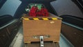 Vertical low angle shot of a coffin in a mourning car red flower on it