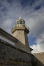 Vertical low angle shot of Louro Lighthouse in Galicia, Spain under cloudy sky