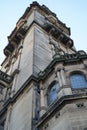 Vertical low angle shot of an old traditional building against a blue sky in Sheffield, England Royalty Free Stock Photo