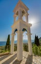 Vertical low angle shot of the Panagia Spiliani Church bell tower captured in Samos, Greece