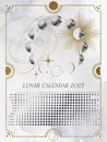 Vertical Lunar Calendar of 2023 for Northern Hemisphere. Moon Calendar with watercolor lunar phases and golden elements