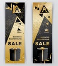 Vertical luxury gold brown banners with black gift. Triangle design elements. Christmas banner