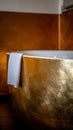 Vertical of a luxury golden bathtub with a white towel hanging on it