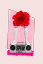 Vertical magazine photo collage of young girl feet standing on retro music recorder flower body isolated on pink drawing