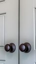 Vertical Matte black round door knobs of a double door with paneling inside a home