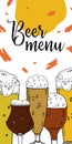 Vertical menu cover design template. Different beer glasses. Hand drawn vector illustration