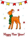 Vertical Merry Christmas and Happy New Year greeting card with a cute fawn. Hand drawn vector illustration