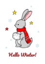 Vertical Merry Christmas and Happy New Year greeting card with a cute rabbit. Hand drawn vector illustration