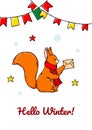 Vertical Merry Christmas and Happy New Year greeting card with a cute squirrel. Hand drawn vector illustration Royalty Free Stock Photo