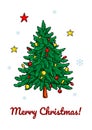 Vertical Merry Christmas and Happy New Year greeting card with a cute Christmas tree. Hand drawn vector illustration