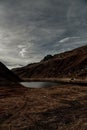 Vertical mesmerizing landscape of a lake in the the rocky mountains on a dark cloudy day