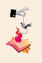 Vertical minimal advert pop collage banner of funky crazy guy hold string falling down burning page open book isolated