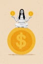 Vertical minimalistic collage photo picture of concentrated focused woman meditate dream more money isolated on painted