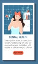 Vertical mobile application template. Dental health daily care concept. Young smiling caucasian woman flossing her teeth in the ba