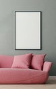 Vertical mock up poster frame in modern interior background, millennial pink sofa in living room, Scandinavian style