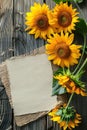 vertical mockup white empty card with sunflowers top view on rustic wooden background Royalty Free Stock Photo