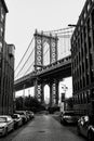 Vertical and monochrome shot of the Brooklyn bridge in New York City