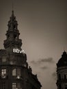 Vertical monochrome shot of a building tower in Porto, Portugal