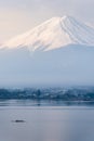 Vertical Mount Fuji fujisan from Kawaguchigo lake with Kayaking in foreground Royalty Free Stock Photo