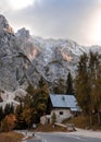Vertical of mountain hut "Koca na gozdu" along the Vrsic mountain pass road in Slovenia Royalty Free Stock Photo