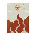 Vertical mountain landscape with river and sun. Vector