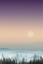 Vertical mountain landscape with silhouettes of misty pine trees in forest with full moon, Peaceful panoramic natural in