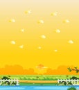 Vertical nature scene or landscape countryside with forest riverside view and yellow sunset sky view