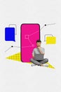 Vertical neon photo collage of thoughtful guy sit with laptop type smartphone screen sms messages connection isolated on