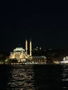 Vertical night time shot of the Yeni Cami Mosque lit up against a dark skyc
