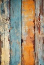 vertical old peeling blue and orange colored painted wooden board texture wall background, rustic hardwood planks surface Royalty Free Stock Photo