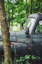 Vertical of an old pick-up truck parked in a green grassy area