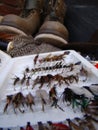 Vertical of an old school fly fishing gear collection next to brown hunting boots Royalty Free Stock Photo