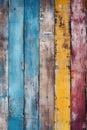 vertical old weathered blue, yellow and red colored painted wooden board texture wall background, rustic hardwood planks surface