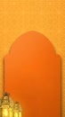 A vertical orange background with traditional Arabic lanterns and an arch frame over an Islamic geometric pattern Royalty Free Stock Photo
