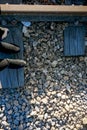 Vertical overhead shot of a person's feet standing by the railroad