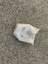 Vertical overhead shot of a plastic cup on the sandy beach - concept: soil pollution