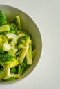 Vertical overhead view photo of cooked broccoli in white bowl