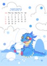 Vertical page calendar for january 2024 with cute winter dragon. The symbol of the year of dragon. Week starts on Sunday. Vector