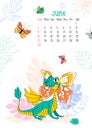 Vertical page calendar for June 2024 with daisy butterfly dragon. The symbol of the year of dragon. Week starts on Sunday Royalty Free Stock Photo