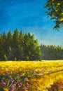 Vertical painting sunny summer landscape illustration field and forest