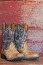 A pair of camouflage cowboy boots on red barn board Royalty Free Stock Photo