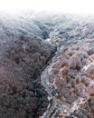 Vertical panorama shot of autumn and winter seasons together. Royalty Free Stock Photo